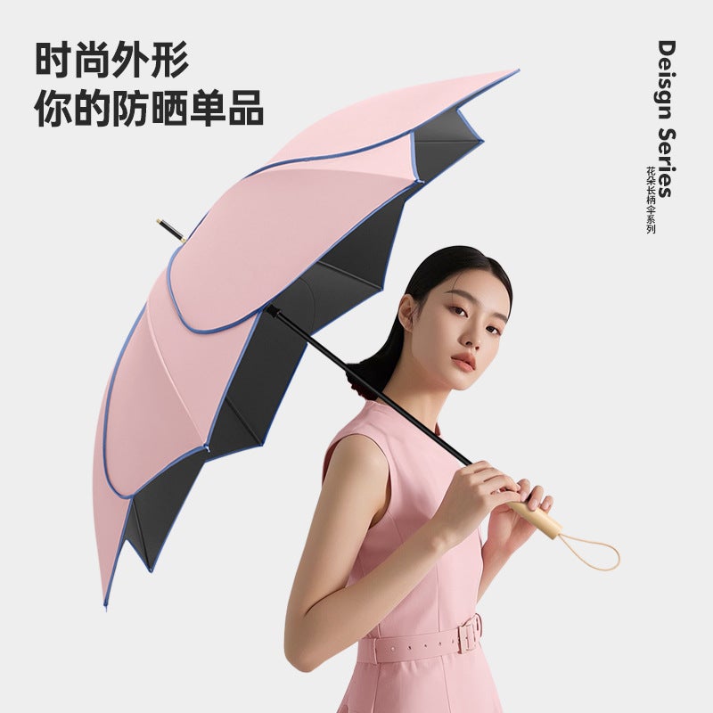 Straight Rod Flower Umbrella Long Handle Rain And Shine Dual-Purpose Umbrella Uv Protection Sunscreen Black Rubber Umbrella Female Manufacturers Printing - Image 2